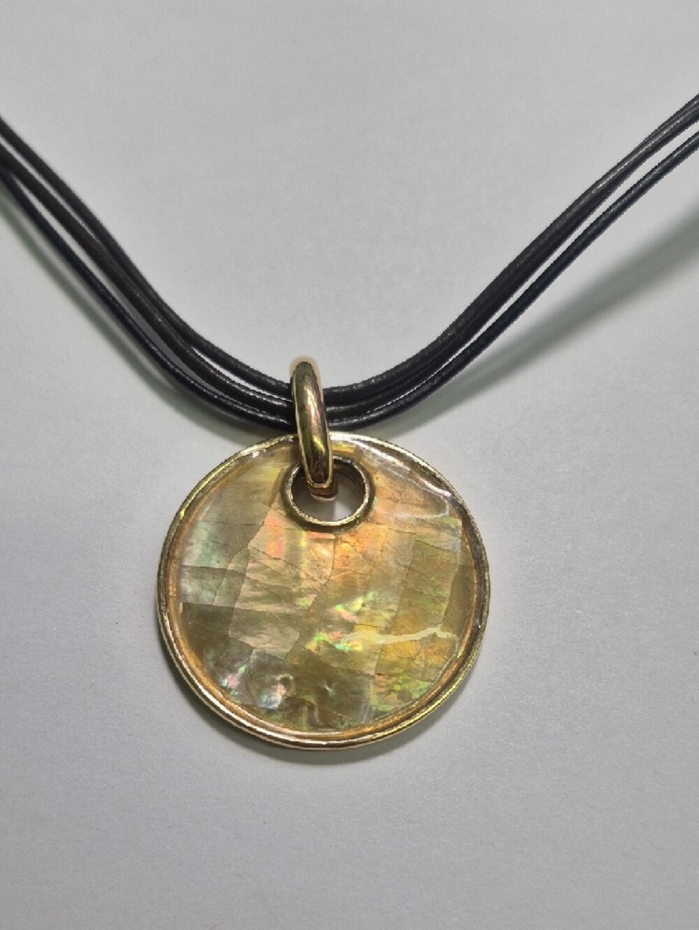 Lia Sophia Layered Gold Tone Crackle Disc Pendant 16" In. Necklace - Black Cord - Picture 2 of 6